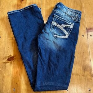 Silver Jeans Co Twisted Bootcut Jeans Dark Wash Distressed Thick Stitch 25x33 A9